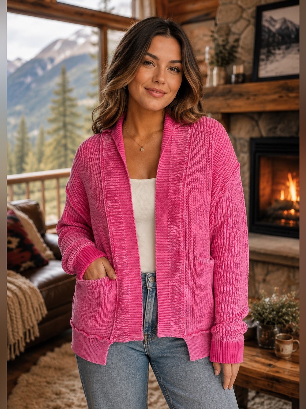 Zenana Fuchsia Stone-Washed Open-Front Cardigan